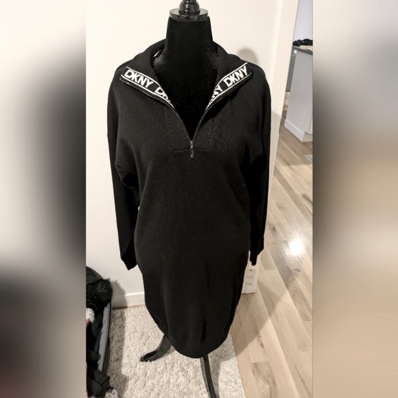 NEW DKNY Black half zip sweater dress tunic, size L - Picture 1 of 13